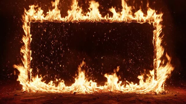 Bright fire rectangle frame burning on dark background