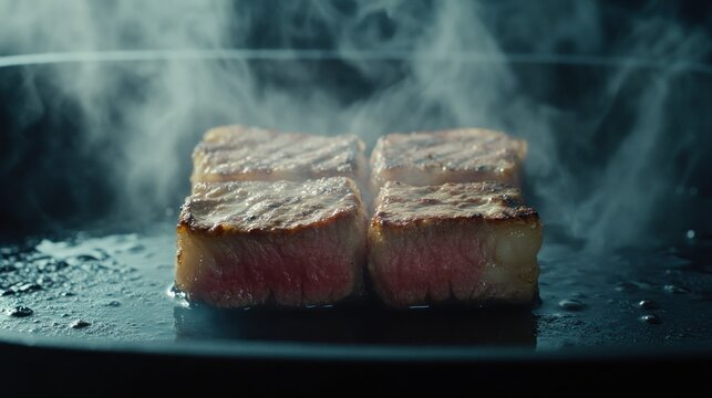 Four squares of steak sizzling in a dark pan, steam rising