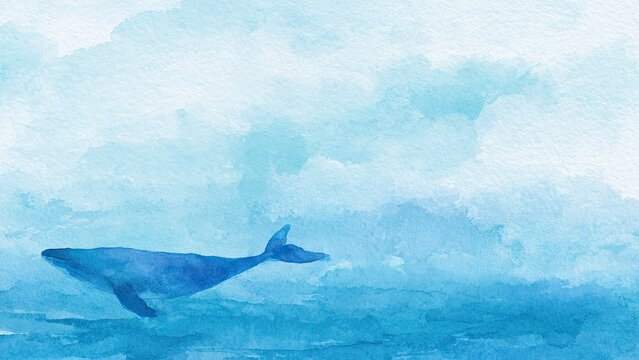 青い水彩で描いたクジラ 海中イラスト 背景素材