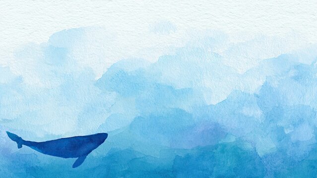 水彩で描いたクジラと青い海 抽象背景イラスト