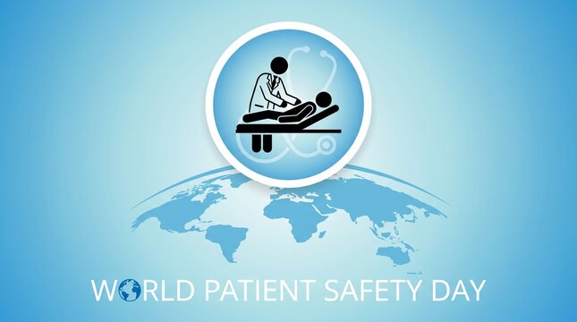 World patient safety day graphic with stylized doctor and patient icon, hospital