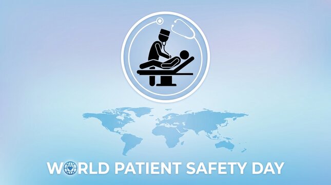 World patient safety day medical icon with world map on blue background