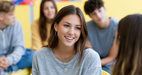 Obraz premium In a vibrant classroom, teenagers participate in a group counseling session promoting emotional support and peer connection.