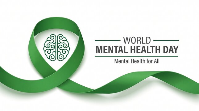 World mental health day concept with green ribbon and brain icon, awareness