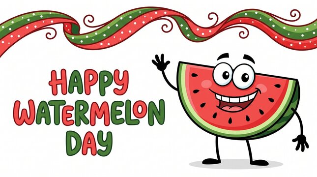 Cheerful cartoon watermelon slice mascot waving for watermelon day with cheerful
