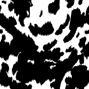 Cow skin seamless pattern. Vector detailed animal fur print, cute black dalmatian spots on white background. Natural spotted grunge texture for textile, fabric, wrapping paper, backdrop, cover.