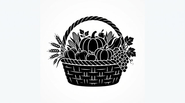 Harvest basket silhouette with autumn fruits and vegetables for thanksgiving deign concept