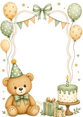 Fototapeta premium Watercolor Teddy Bear Birthday Invitation Template with Balloons Cake Gifts and Party Decorations