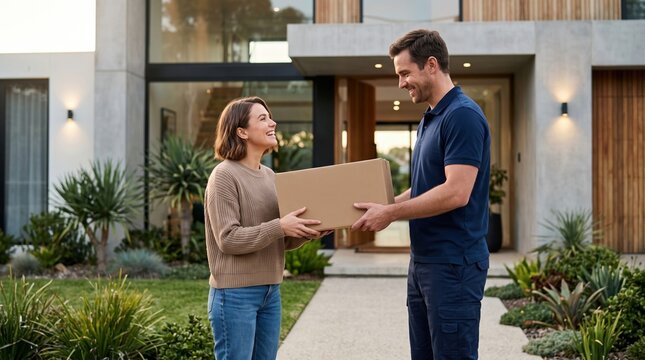 Smiling male courier delivering cardboard parcel box to happy woman outside modern house.