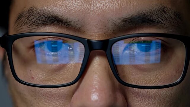 Man with glasses focused on computer screen reflection at night with blue light