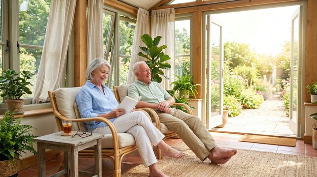 Happy senior couple relaxing and reading book in cozy sunroom looking out to beautiful green garden.