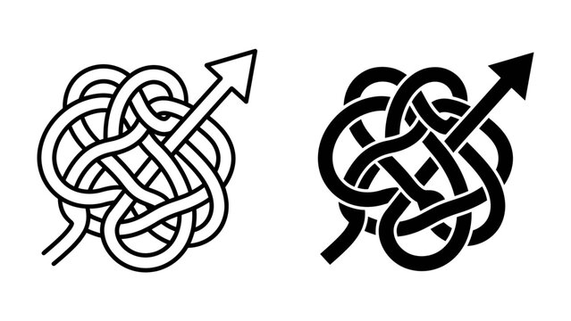 Complex Path Forward: An arrow emerges from a tangled knot, symbolizing the journey through challenges to achieve progress and clarity.