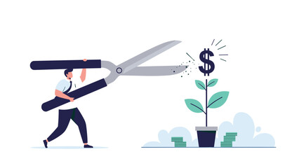 Obraz premium Professional using massive scissors to trim a dollar sign plant symbolizing budget cuts, expense reduction, or financial management strategies.