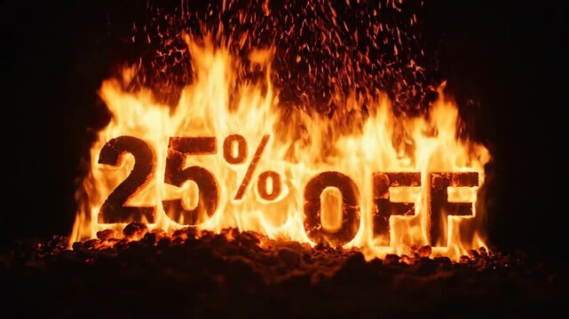 Burning 25% OFF text surrounded by orange flames on black