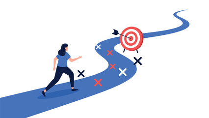 Fototapeta premium Determined professional woman running along a winding blue path towards a bullseye target representing business goals.
