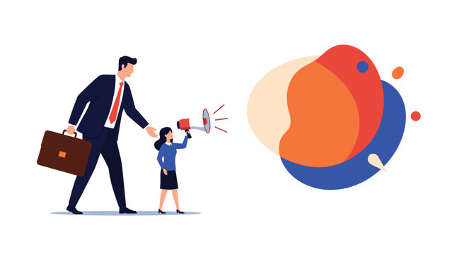 Empowered little girl using a megaphone to lead a large businessman towards a colorful abstract shape.