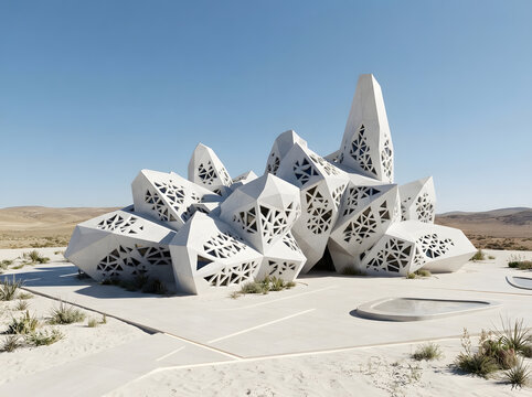 Desert deconstructivist building with white faceted rock like crystalline pods