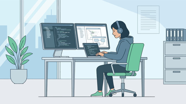 Software developer working on multiple computer screens in office setting