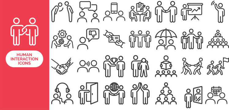 Human Interaction Network outline icon set. Featuring group, handshake, presentation, conversation, and teamwork symbols. Editable stroke vector icons for social program and community app.