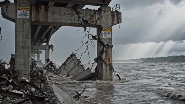 Ruined coastal pier over turbulent sea rusted pilings and twisted beams, waves crashing through collapsed deck, moody sunbeams breaking over grey sky, marine surveyor planning salvage, coastal erosion