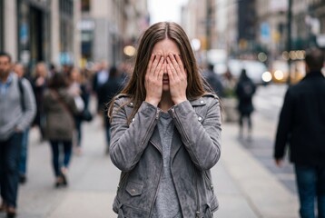 Fototapeta premium A distressed young woman standing in the middle of a crowded city street while covering her face with her hands, expressing feelings of overwhelm, anxiety, or sadness.