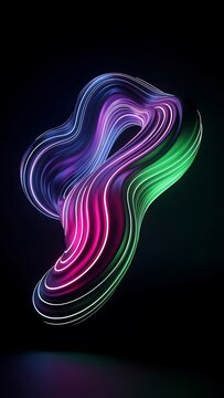 Abstract 3D fluid wave sculpture with glowing neon purple and green curves on a black background digital art