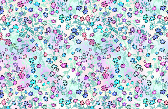 Vector small flowers holographic pattern background. Hand drawn rainbow wildflowers, foil leaves on pink gradient. Cute ditsy floral backdrop. Liberty retro fashion print, fabric, decor, wallpaper.