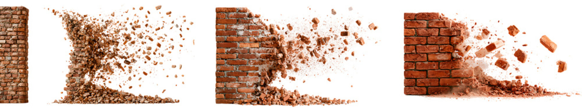 A collage of red brick walls exploding and crumbling isolated on transparent background