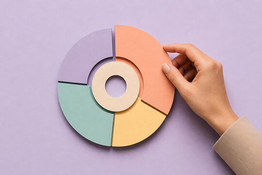 A hand places a puzzle piece on a colorful wheel chart on purple background