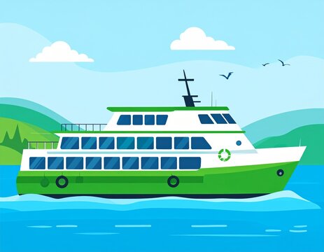 Passenger Cruise Ship Sailing on Blue Sea Water Under Clear Sky with Ocean Travel, Nautical Transportation, Luxury Yacht, Ferry Vessel and Vacation Journey Concept