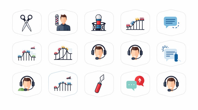 Icons: Barber, Roller Coaster, Microphone, Chat, Scissors, Awl