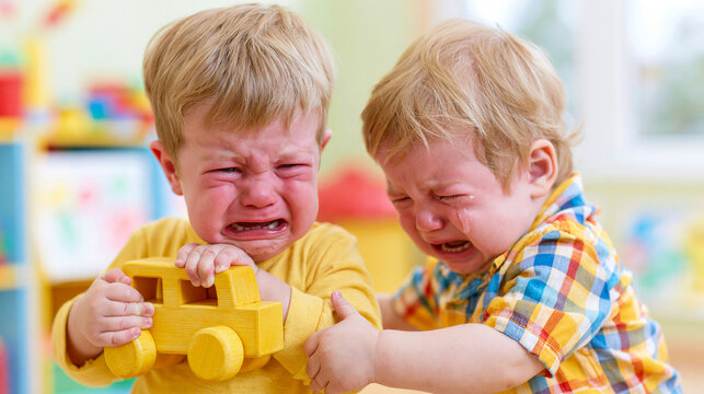 image of two crying toddler boys fighting over a yellow wooden toy car in kindergarten, emotional conflict about sharing toys between upset children in daycare playroom