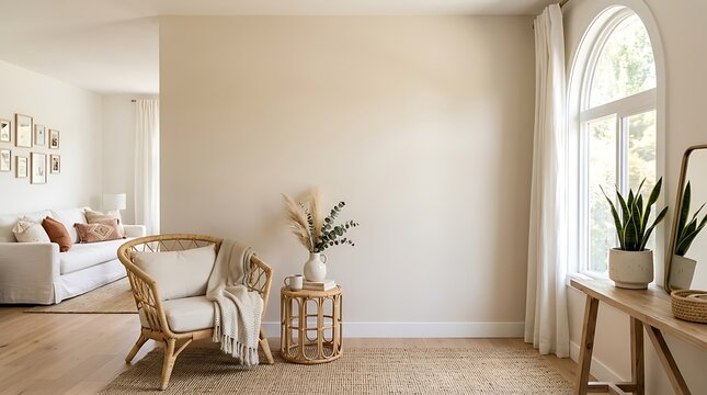 Cozy living room with natural light, rattan chair, plants, and neutral decor