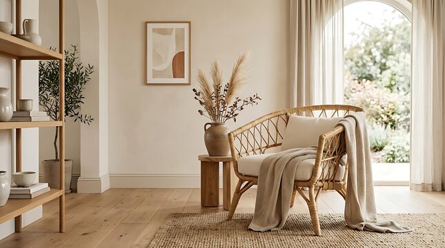 Elegant minimalist living room interior featuring a rattan armchair, neutral tones, and boho aesthetic decor