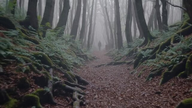 Hidden woods cloaked in fog, Veiled woods immersed in fog with moss covering everything in sight, Forested area shrouded in thick fog with damp ground and mysterious moss growth everywhere