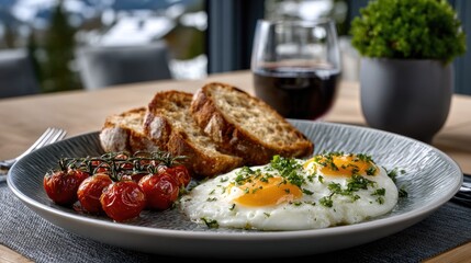 Fototapeta premium Mountain breakfast on luxury terrace with gourmet bacon, artisan eggs, and sourdough bread, set against a panoramic alpine sunrise