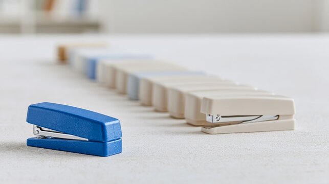 Blue stapler standing out from white staplers