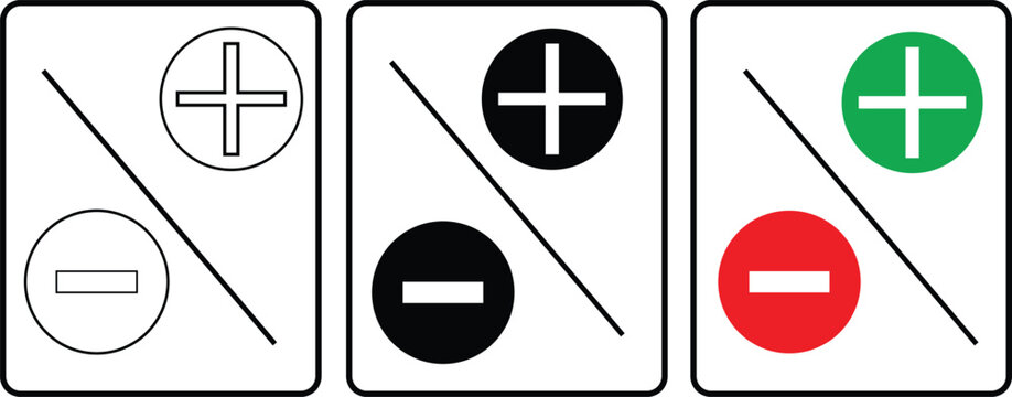 Minimalist plus and minus icons set, positive and negative mathematical symbols in circles, flat vector buttons for interface design and battery polarity