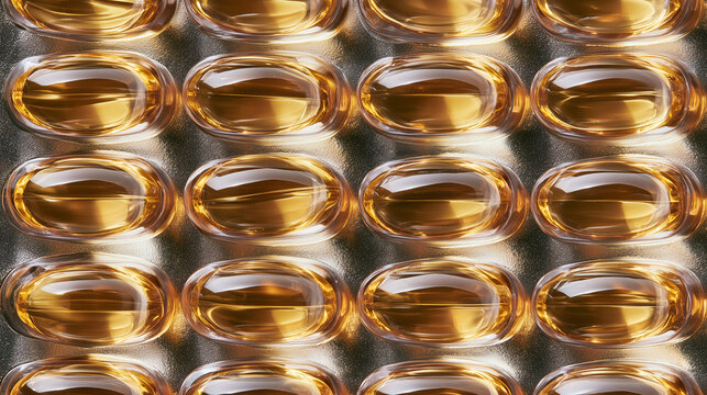 Golden omega 3 fish oil softgel capsules in blister pack close up pharmaceutical supplement background