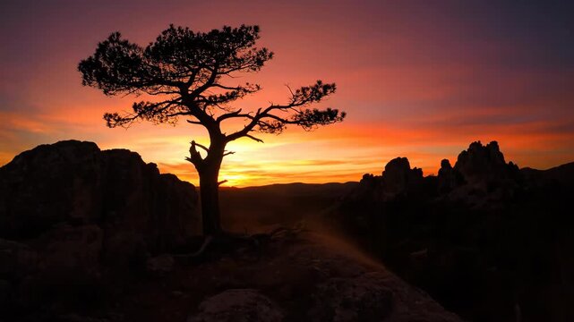 Silhouette of a lone tree on a rocky outcrop during a vibrant sunset with dramatic orange and purple skies