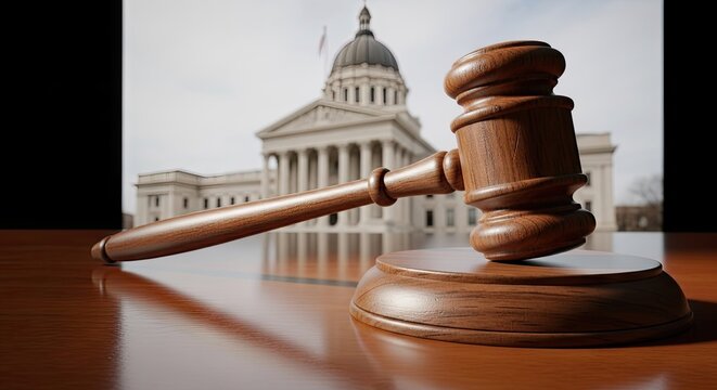 Wooden judge's gavel near government building.