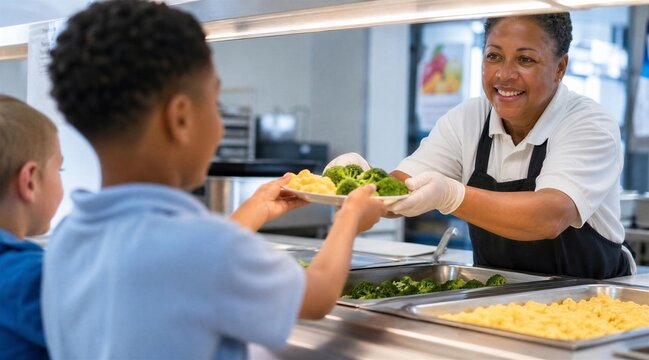 School cafeteria worker serving healthy meal to student