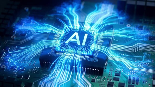 AI Processor with Glowing Data Flow on Circuit Board