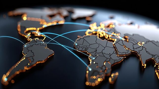 Modern world map with connecting lines shows global networks and communication paths across continents and oceans