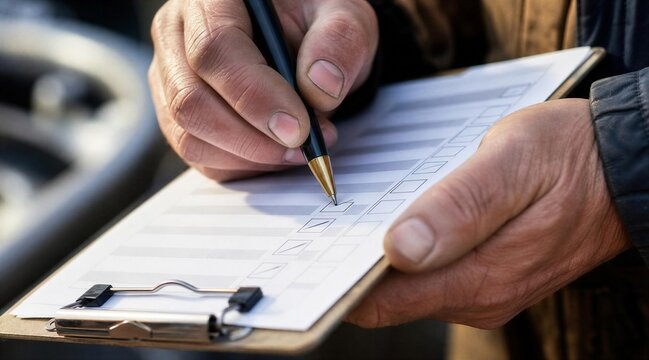 Man marking checkbox on survey form with pen