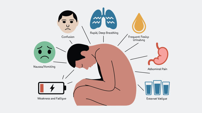 Diagram illustrating a distressed man with various diabetes symptoms, including fatigue, confusion, and abdominal pain