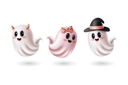 Three cute cartoon ghosts with devil horns, a polka dot bow, and a witch hat for halloween decorations isolated on a transparent background