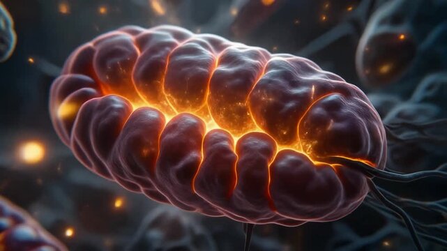 Microscopic 3D animation of mitochondrion organelle releasing ATP energy particles