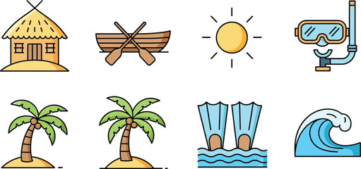 Tropical beach vacation icons with palm trees and water sports © FARZANAAKTER