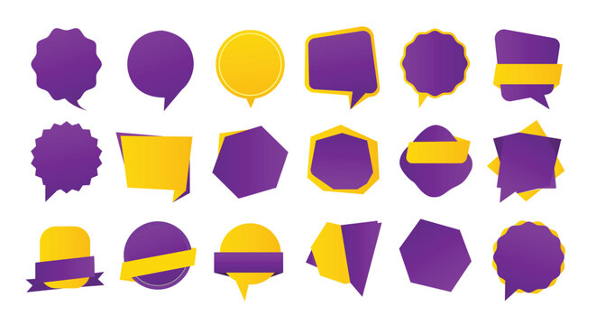 Purple and yellow abstract shapes, speech bubbles, and banners, modern design elements, graphic vector.